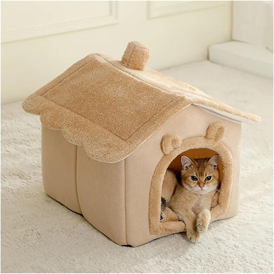 niche pour chat beige avec chat dedans